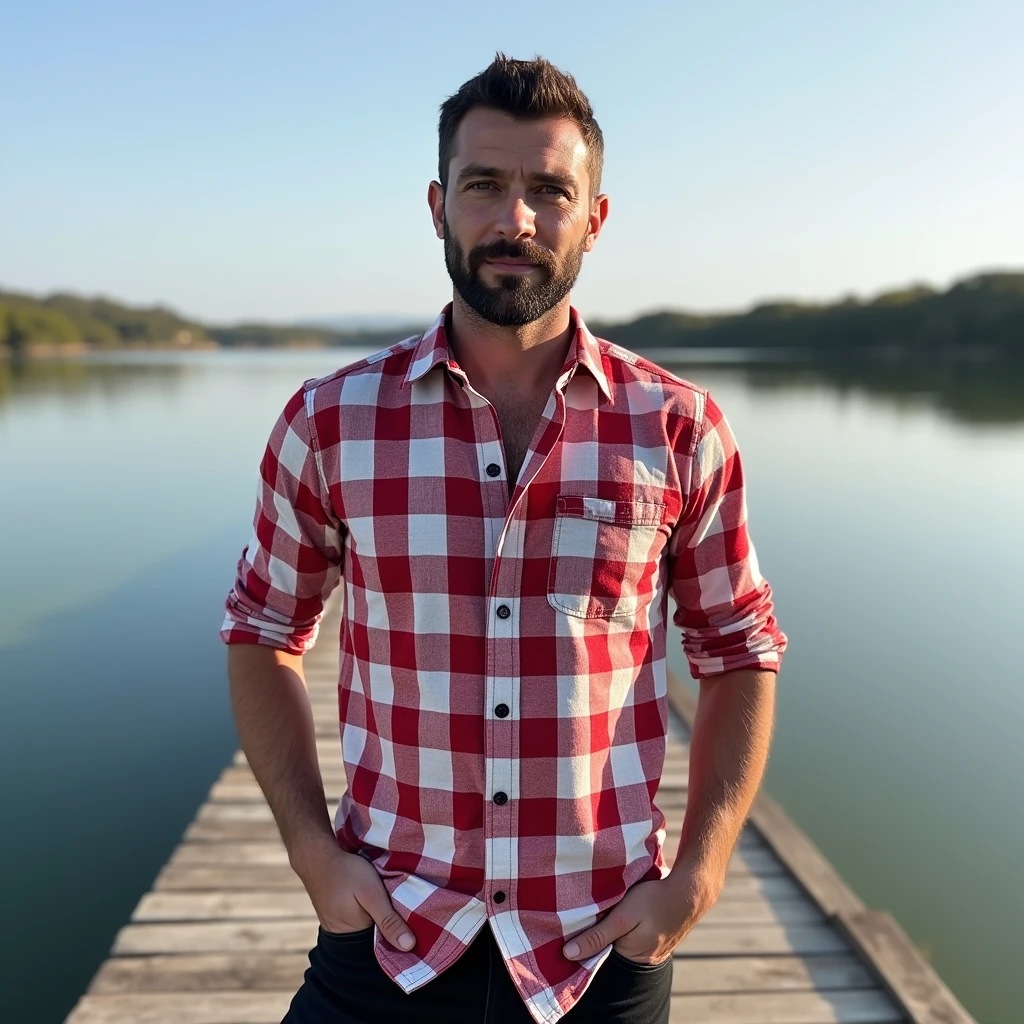 A white man, 3, model type, sem beard, with short dark hair, with clear eyes, wearing a red and white checkered shirt, black pants, on top of a wooden pier on a lake in Alentejo