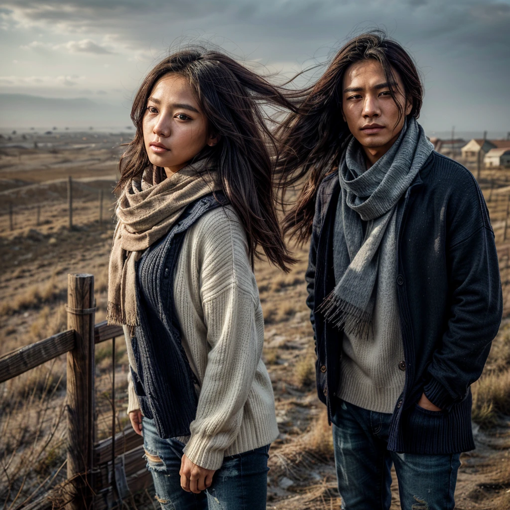Professional photography of a Korean woman with man blow layered hair, wearing a navy sweater, ripped jeans, boots, a scarf around his neck, standing leaning against a wooden fence, a stretch of dry grass, barren dusty land, a dark cloudy sky, enjoying the silence of the afternoon, thick fog in the background blocking the view, looking at the camera, 