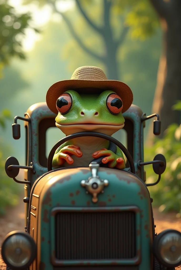 Retro Images，Storytelling，Tree frog，Ultra-realistic，high resolution，A frog is driving a truck，Wearing a hat

