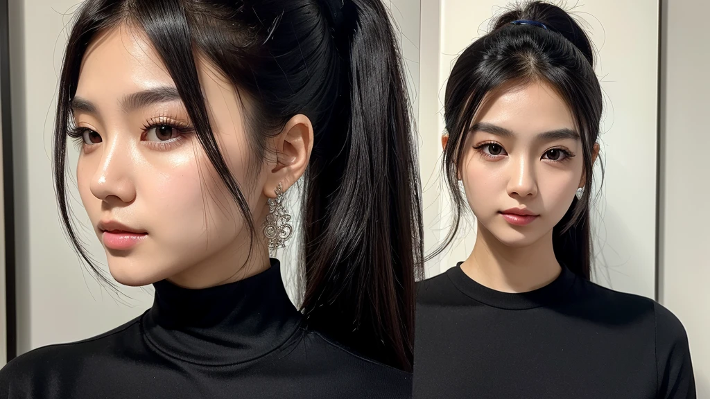 ((Best quality)), ((masterpiece)), (intricate detail), perfect complexion. Korean girl. Jet black hair. Deep black eyes. High ponytail.