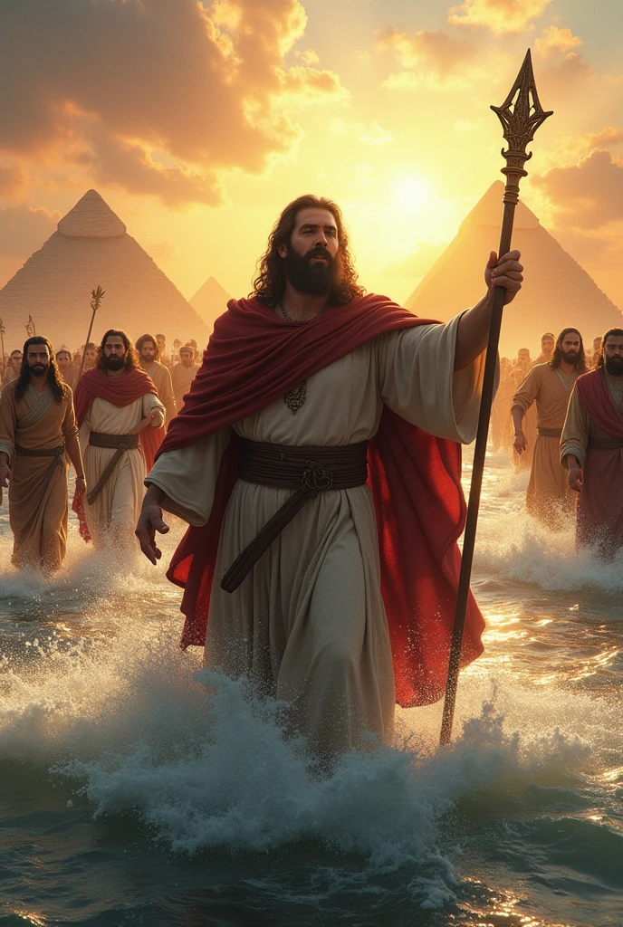 Create an image on a women's shirt, in the background some pyramids and people leaving Egypt crossing the sea, in the front a leader with a staff in his hand.