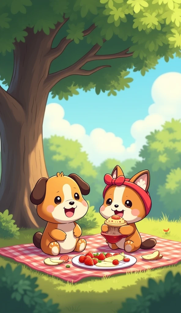 With the mystery of the missing snacks solved, Pico and Momo decide to enjoy the beautiful day together with a delightful outdoor picnic. The two friends settle on a soft blanket under a shady tree, sharing the delicious treats that Momo had prepared. Pico, now relaxed and happy, munches on the sweet strawberries and crisp apple slices, smiling brightly at Momo, who is equally pleased with the surprise.