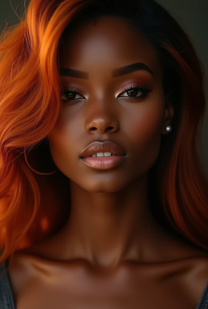 A black girl with a chocolate complexion, waxed and glowing, sexy teenager with black eyes and red hair and slightly orange down