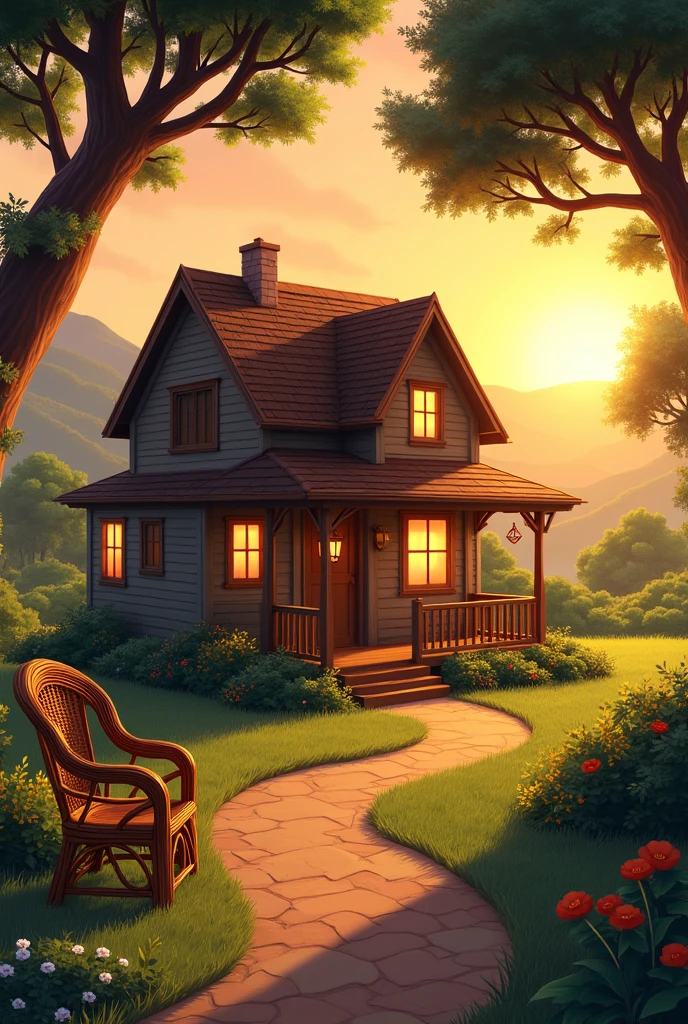 Image of house with chair outside at sunset