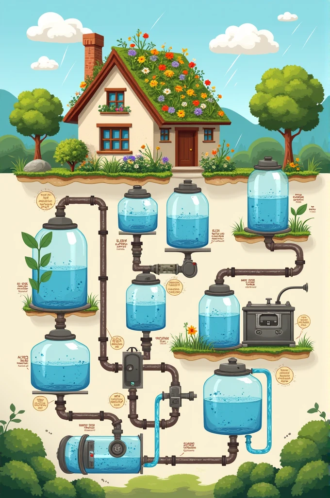 Make an illustration of a system where a house has flowers on the roof that collect rainwater and the water goes down a pipe to jars where there are filters and then it reaches a tank with sensors that measure the level of portability of the water.