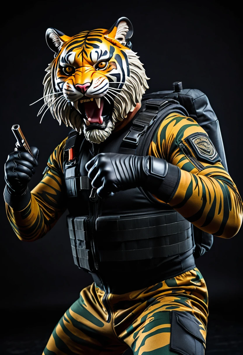 (a dark-skinned bearded fat muscular old man in a skintight army camouflage zipper diver suit) holding a gun, (wearing a small-sized realistic roaring tiger mask), dynamic action pose, fierce expression, showcasing an imposing stature, surrounded by military elements, dramatic shadows and intense highlights, cinematic color tones, high detail, powerful, art influenced by Bruce Onobrakpeya and Stanley Artgerm, ultra-detailed, best quality image, action-packed atmosphere. thumbs up pose