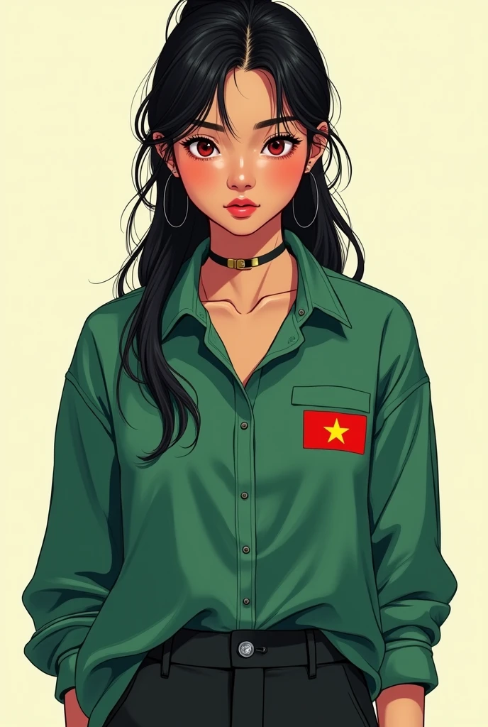 Draw a dynamic 18 year old girl she is wearing a long green shirt with no pattern and on the left side there is a small Vietnamese flag on the chest and short sleeves and red eyes and a hair tie, black hair, and light black pants and draw to make it cool