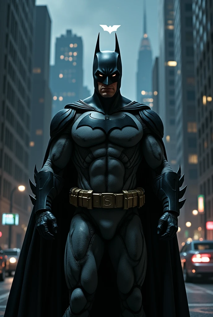Batman in the city look at me and batlight on the sky