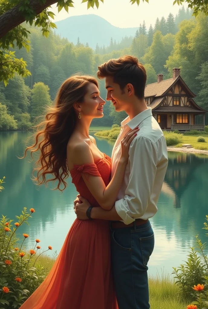 A couple hugging each other and the side view is like that a beautiful cottage and on other side a lake