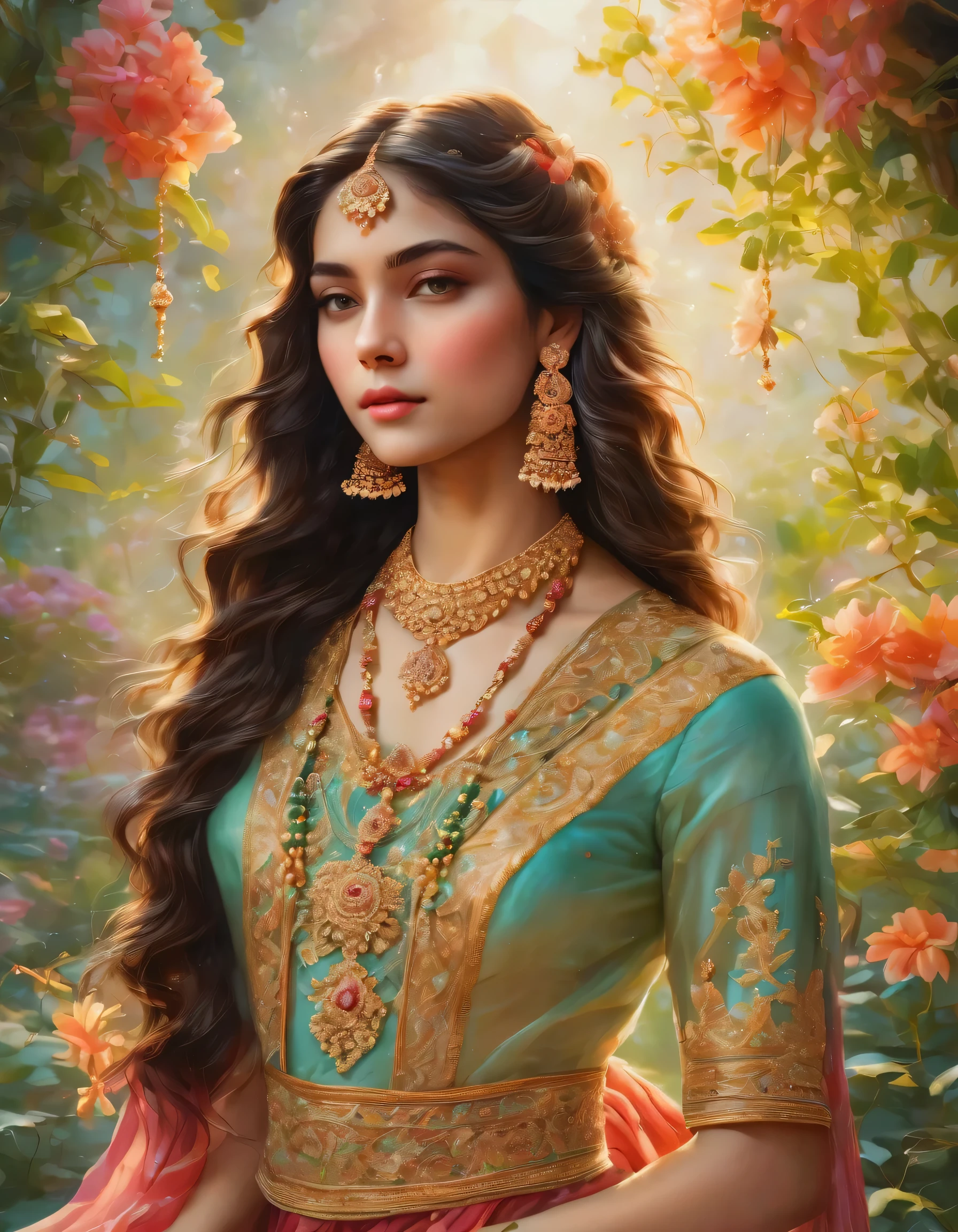 a beautiful girl in a lush garden, long flowing hair, detailed face, earrings and necklace, elegant dress detailed and intricate gold thread embroidery, serene expression, sunlight filtered through the trees, vibrant colors, sketch color, photorealistic, 8k, hyper-detailed, masterpiece
