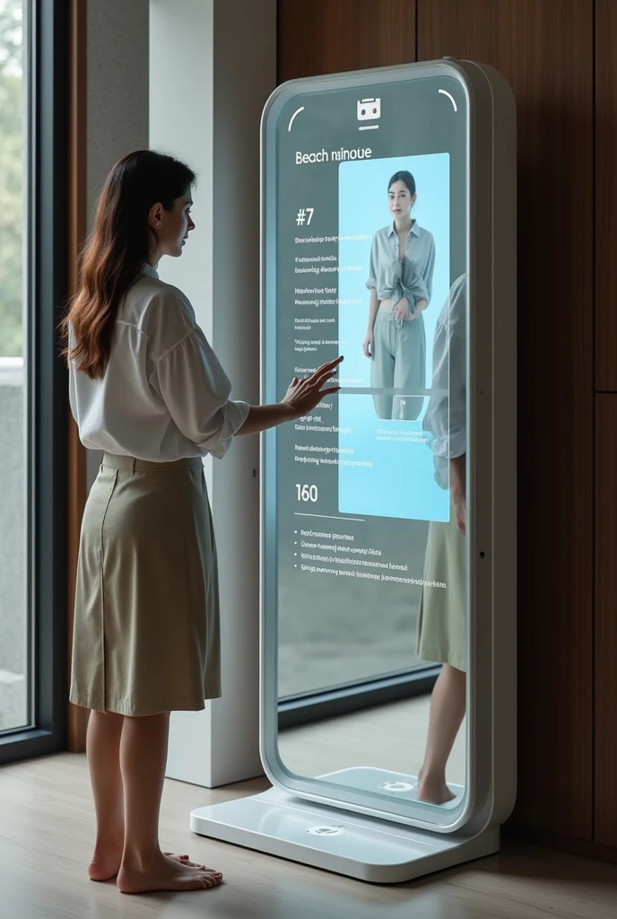 Technological mirror that has a technological door with a camera that scans your face and a keyboard on its screen to enter information about the day and the event to help you choose the best outfit for you to wear