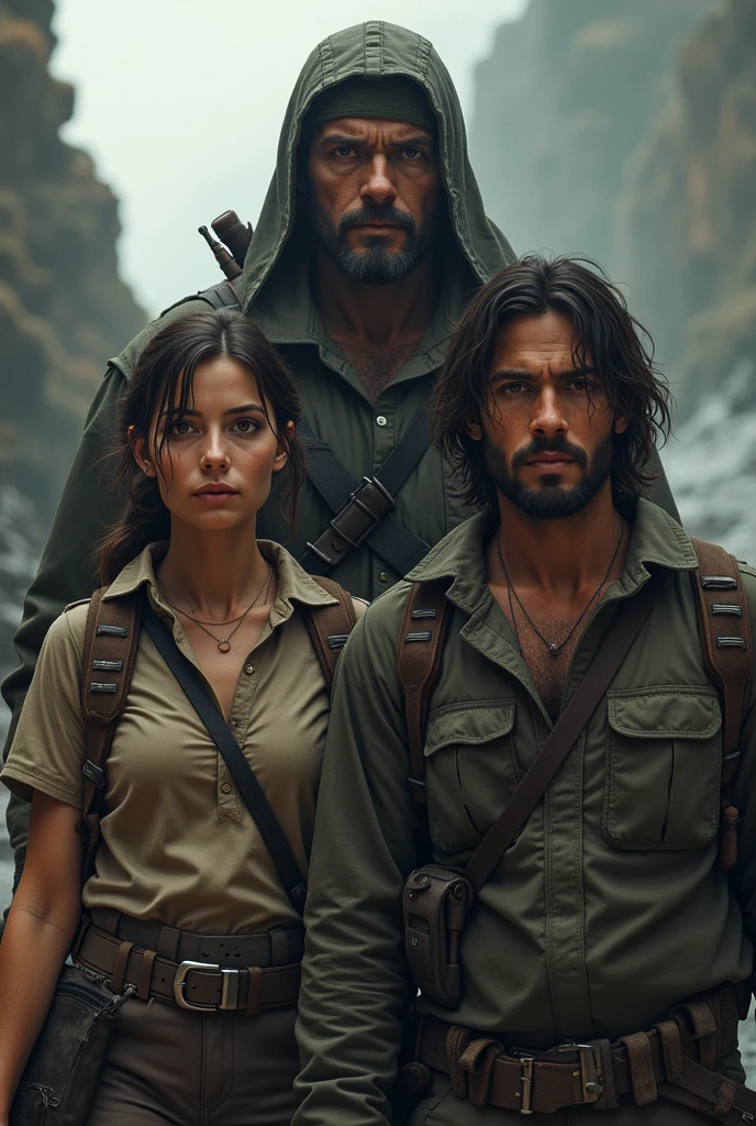 Determined to save Tim( lily's partner) Lily (the archeologist) and Carlos (the local guide) teams up with Dante (the mercenaries' captain, a strang and bad man). The others mercenaries are seen behind them.