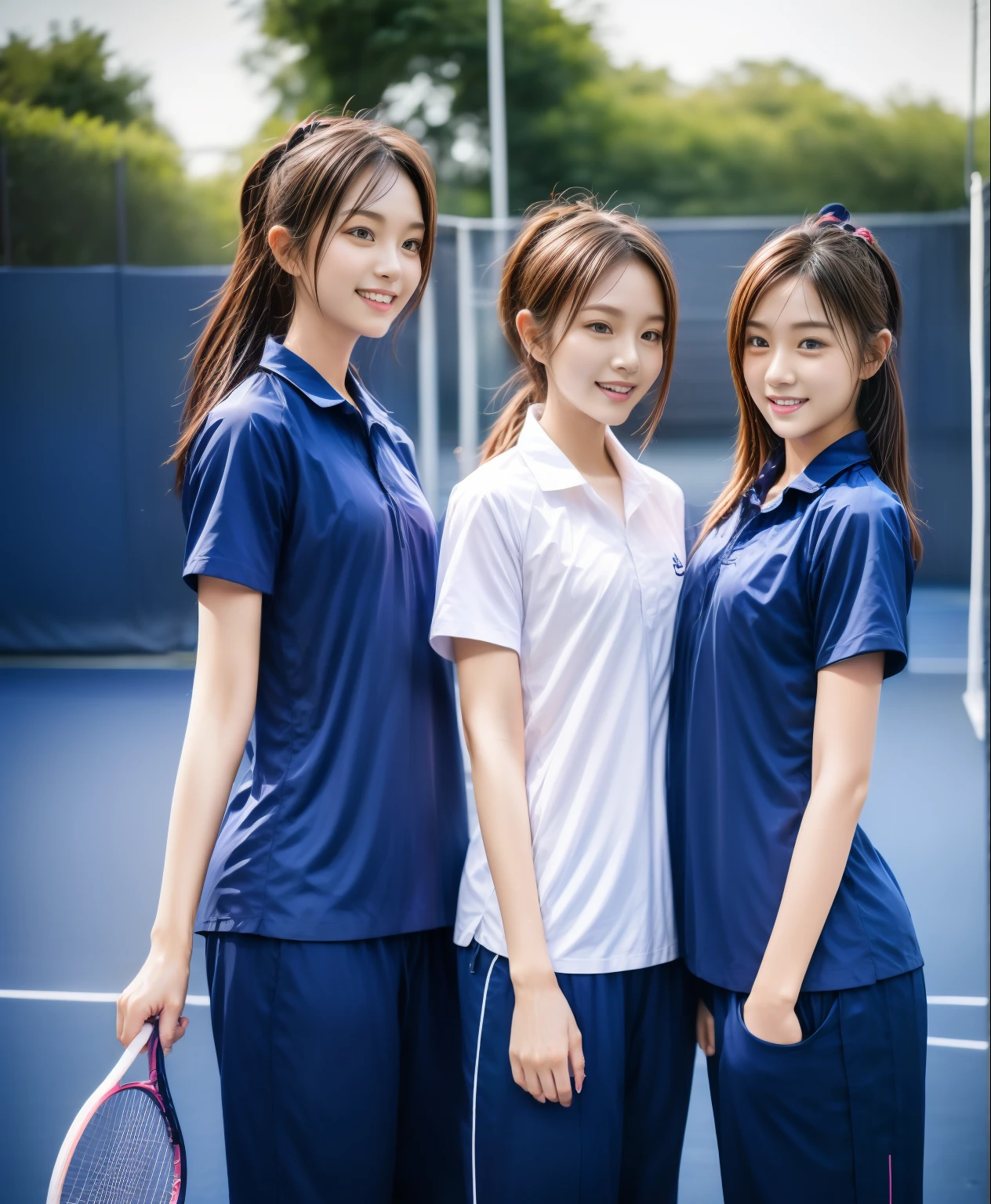 3 girls play tennis at tennis courts, Navy blue short-sleeved shirt,Navy Long Trackpant,Sweatpants, Sweatpantsขายาว,25 year old girl, lesbian, sexy, exercise clothes, wet body, exercise clothes