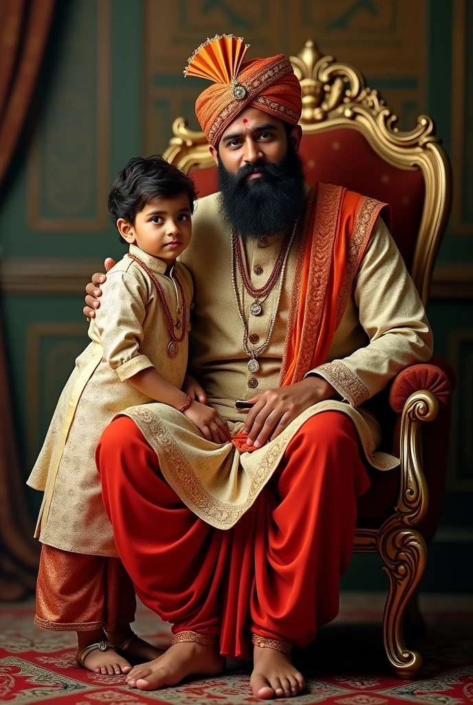 a 2 son with father photo without head, son standing beside father, father sit on king chair with tradisional clothes indian