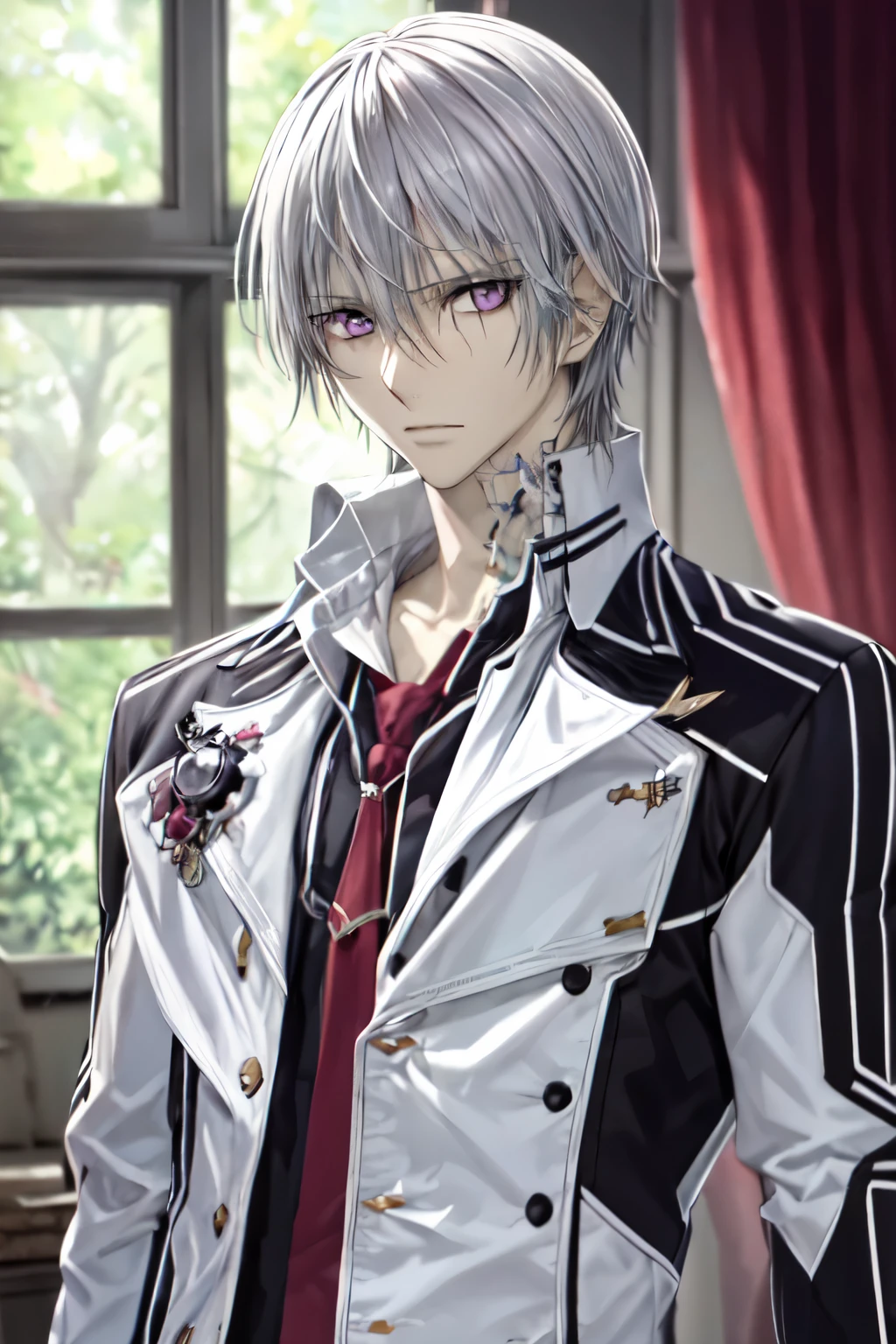 (absurdres, highres, ultra detailed, HDR), masterpiece, best quality, 1boy, solo, male focus, looking at viewer, upper body, depth of field, anime coloring, , zero_kiryuu, grey hair, purple eyes, finely eye and detailed face, window, purple curtains, black uniform, vampire knight, arms behind back, solid crimson background,