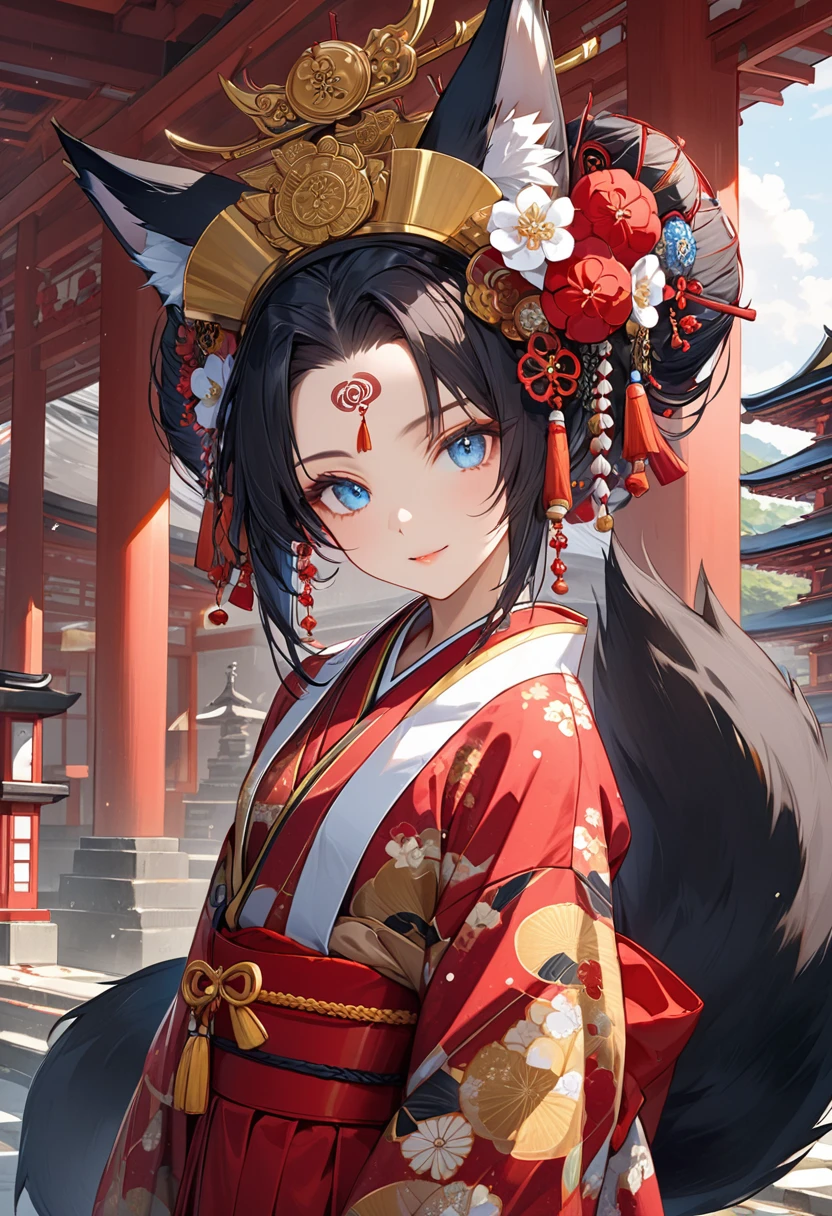 Ink painting, (((1 girl))), (((Tattoo in the middle of the forehead))),(((In the background is the Akatsuki moon))), (((Oiran))), (((Great hair accessories))), Demon possession, ((Masterpiece:1.2)), ((Highest quality)), Extremely detailed and delicate illustration style, Detailed leather texture, Detailed canvas texture, Very detailed description, (Masterpiece T), Extremely beautiful illustration, Highly detailed face, Raw image, professional, Ultra-high resolution panel, Complex details, Superior detail, Intricate decoration details, Perfect anatomy, real, (Very beautiful and cute golden fox woman or girl with blue eyes wearing a kimono), ((Beautiful black fox ears)), (Beautiful black fox tail), (Beautiful and shiny black hair), (Beautiful and clear blue eyes), (Beautiful detailed eyes:1.6), ((Japanese temple priestess style: 1.7)), (Traditional tailored outfit), Front view, White flower kimono, Long red hakama skirt, A maxi skirt, Modestly dressed, He smiles, ((Standing and looking at me)), ((The day)), (Extremely detailed and beautiful Japanese temple construction), (8K Highest quality wallpaper), (Extremely detailed and delicate background)
