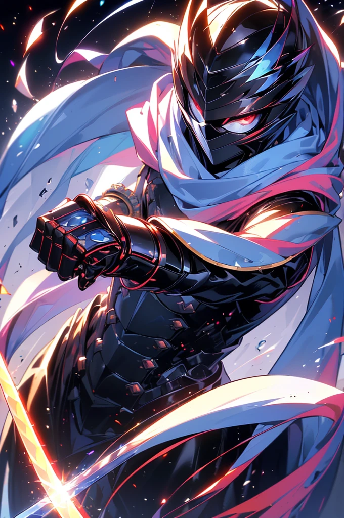 Ultra-realistic, Ultra-realistic, Very detailed, (Cyber Samurai, One Man, ((alone)), ((Attack with a blue sword)) , Wearing white armor and mask, Cape, Shineing beautiful red eyes, Shine:1.3) (Shineing simple black background:1.25),