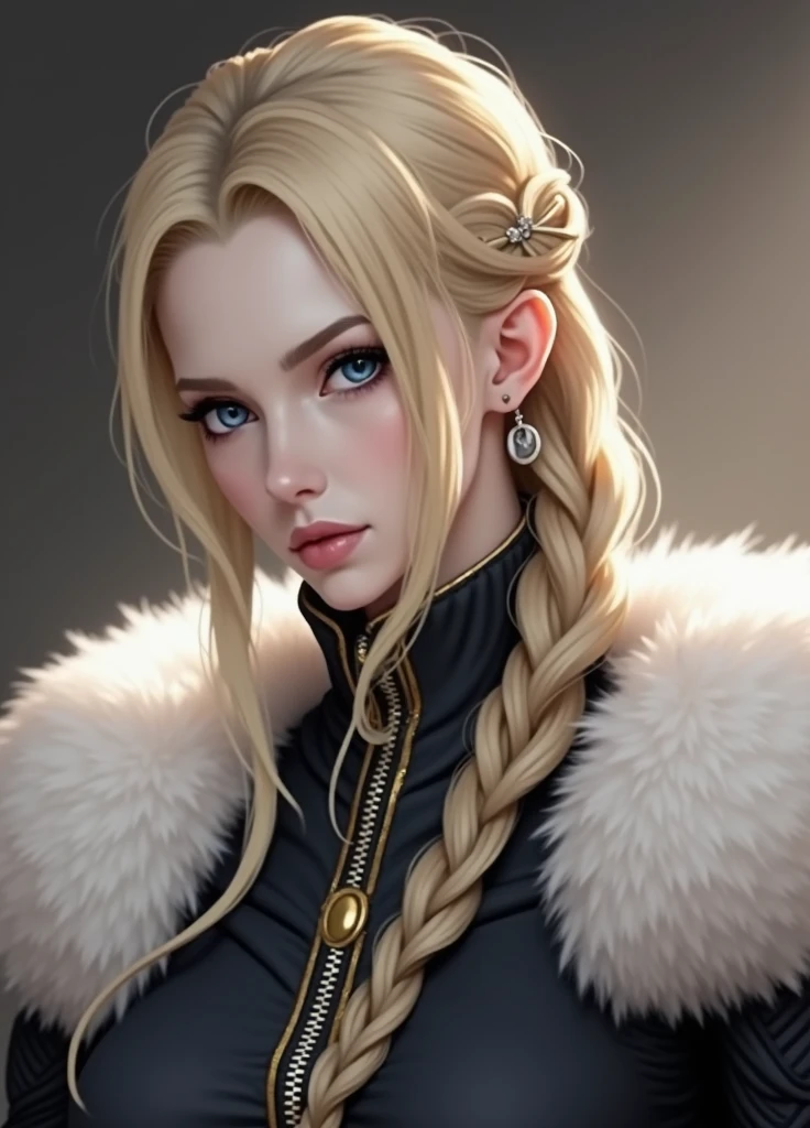 1girl, mature female, blonde hair, long hair, braid, fur clothing, fantasy, eyeliner, upper body, (best quality, 4k, 8k, highres, masterpiece:1.2), ultra-detailed, (realistic, photorealistic, photo-realistic:1.37), HDR, UHD, studio lighting, ultra-fine painting, sharp focus, physically-based rendering, extreme detail description, professional, vivid colors, bokeh