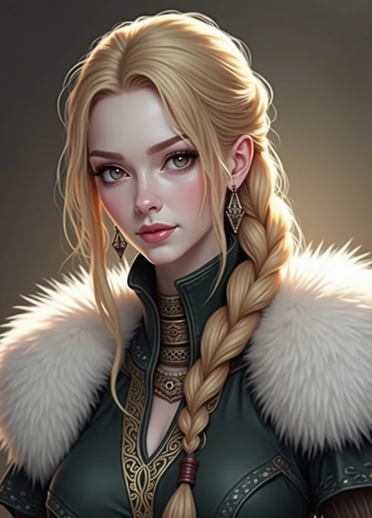 1girl, mature female, blonde hair, long hair, braid, fur clothing, fantasy, eyeliner, upper body, (best quality, 4k, 8k, highres, masterpiece:1.2), ultra-detailed, (realistic, photorealistic, photo-realistic:1.37), HDR, UHD, studio lighting, ultra-fine painting, sharp focus, physically-based rendering, extreme detail description, professional, vivid colors, bokeh