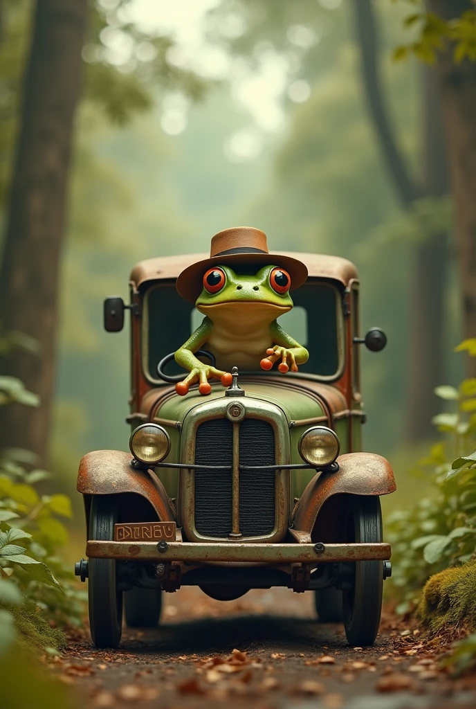 Retro Images,Storytelling,Tree frog,Ultra-realistic,high resolution,A frog is driving a truck,Wearing a hat