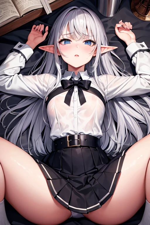 Elf, Silver Hair, In the torture chamber, Lying on a bed and crucified, school uniform, White shirt, skirt, Open your mouth, Raise your hands,  Crying face, Small breasts, A large iron collar with spikes and handcuffs, Spread your legs