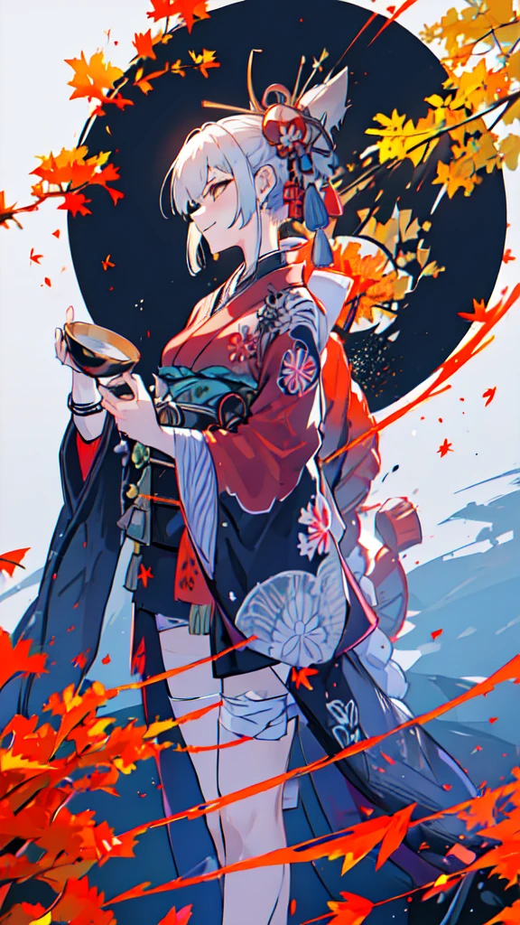 (((((roll up bandage sideways on a  chest tightly to cover the chest without gaps))))),  (((bandage samweways))),, ((Japanese Gangster BOSS)), adult woman with the dignified presence, Killing Qi, wear nothing around shoulder, wear nothing around neck, wear the kimono, wear it below the waist, I wind it up to control it, and to attach it,  ((kimono come off)) ,wear the kimono multiple times, black and gold kimono, put on over jacket of kimono, a sword on the ground, long sword, low angle, whole body, anime character, Glaring, off sholder, Excellent, can see both shoulder, long kimono hem, small face, big tattoo on the arm,muscular,((((holding Japanese sake with sake cup)))), The kimono is spreading,ultra-detailed,super beautiful,Masterpiece,Killing Qi,Intimidation, a person,Selfish person,Ginkgo biloba pattern,Under the trees with autumn leaves,tall,Imposing,colorful kimono,vanpire woman,Circular tattoo on the back,can see back,Turned around pose,Retrospective, ((Hearty laughter))