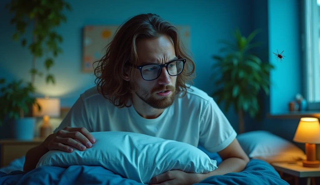 A captivating photograph showcasing a furious guy with long, wavy brown hair and glasses caught in the midst of a mosquito battle in his bedroom at night. He is aggressively swinging his pillow towards the mosquito with fury. The guy is wearing a white t-shirt and has a angry furious look on his face. The mosquito is perched on the wall, buzzing annoyingly as the guy swings his pillow in an attempt to swat it. The room is filled with a variety of bright colors, from the blue bedsheet to the green plants, creating a vivid and lively atmosphere., photo, cinematic