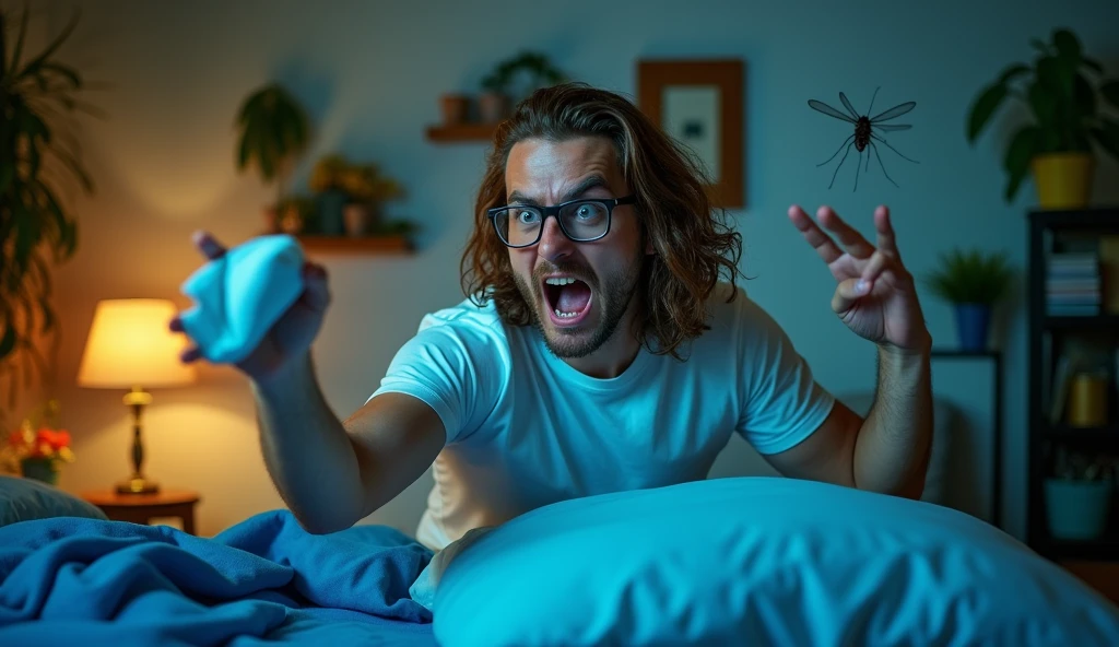 A captivating photograph showcasing a furious guy with long, wavy brown hair and glasses caught in the midst of a mosquito battle in his bedroom at night. He is aggressively swinging his pillow towards the mosquito with fury. The guy is wearing a white t-shirt and has a angry furious look on his face. The mosquito is perched on the wall, buzzing annoyingly as the guy swings his pillow in an attempt to swat it. The room is filled with a variety of bright colors, from the blue bedsheet to the green plants, creating a vivid and lively atmosphere., photo, cinematic