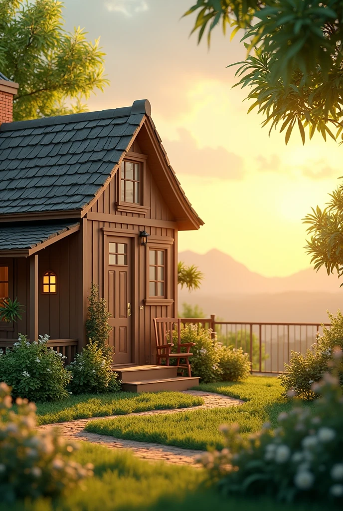Image of house with chair outside at sunset in green area