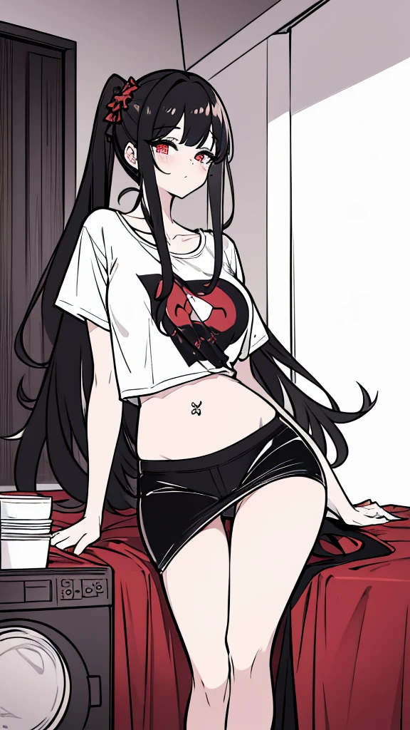 using pantimedies, wavy black hair, piercing look with deep red eyes, average stature, Waist length hair, Silky hair with a ponytail hairstyle collected with a red bow with two white lines, has a vagina, has breasts, cup of breasts, small breasts, slim, foreground, Session, sitting in her room, standing in his room, wearing pantyhose, using pantimedies, Picardias, neckline, looking at the viewer, lascivious smile, ((oversized t-shirt)), off the shoulders, without pants, washing machines, thighs, ((White T-shirt)), standing, hands on the hips,, shoes, blush, from below, thighs gorditos, thighs grandes, big ass
