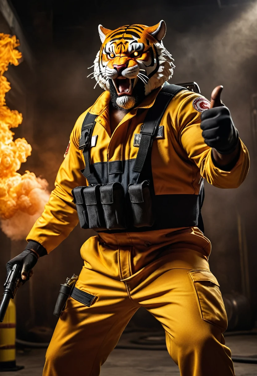 (a dark-skinned bearded fat muscular old man in a skintight firefighter jumpsuit) holding a gun, (wearing a small-sized realistic roaring tiger mask), dynamic action pose, fierce expression, showcasing an imposing stature, surrounded by military elements, dramatic shadows and intense highlights, cinematic color tones, high detail, powerful, art influenced by Bruce Onobrakpeya and Stanley Artgerm, ultra-detailed, best quality image, action-packed atmosphere. thumbs up pose