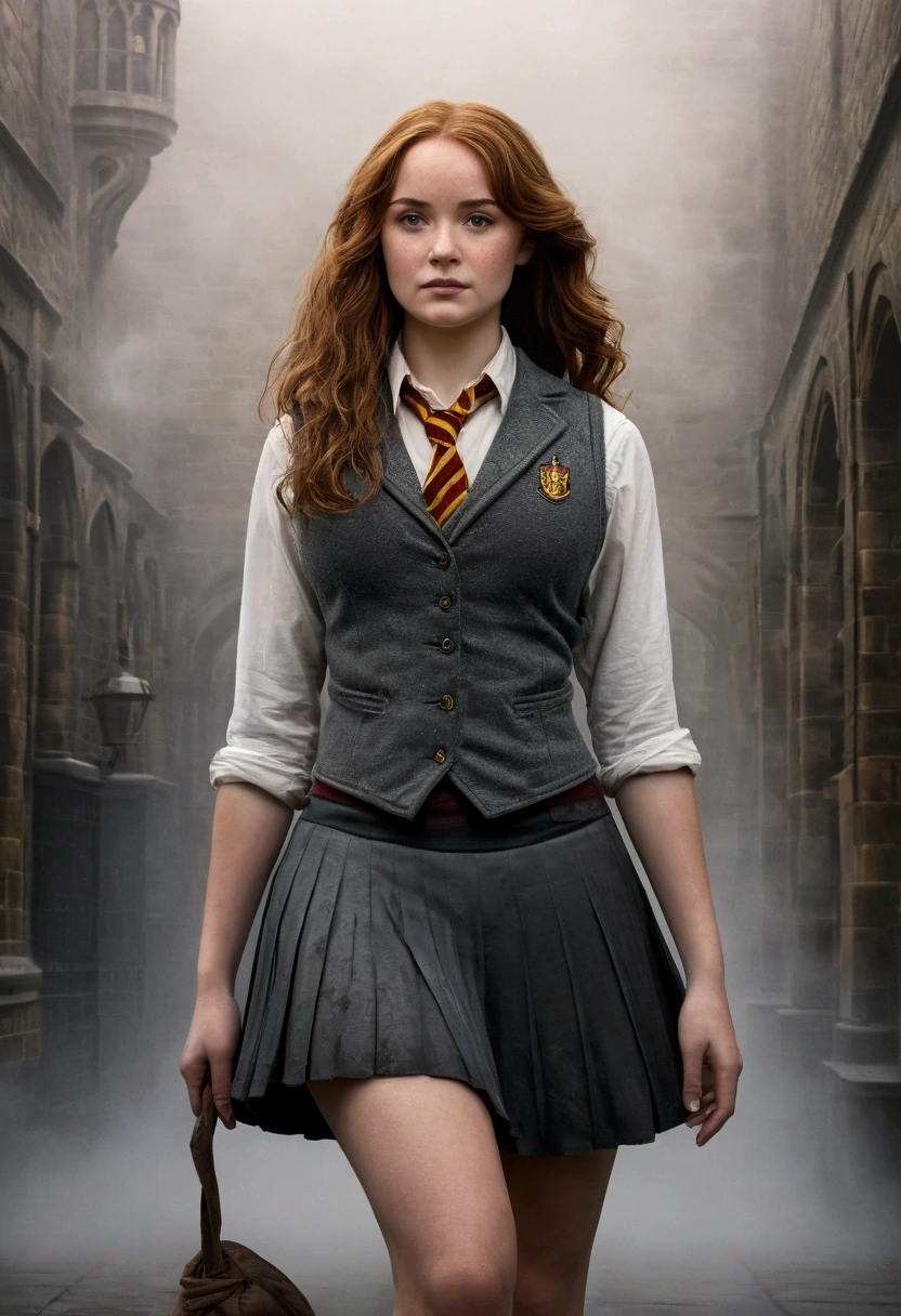 An illustrated movie poster, hand-drawn, full color, a female Hogwarts student, 1, wearing a charcoal vest and a pleated skirt, toned, amazonian stature, athletic hourglass figure, full wide hips, massive round butt, long shapely legs, ridiculously thick powerful thighs, hazel eyes, deep dark auburn hair, long messy waves, flushed sun-kissed complexion, freckles, resembles Genevieve O'Reilly, standing in a foggy Hogwarts courtyard, surrounded by mist, graphite shading, stencil marks, airbrushed acrylic paint, masterpiece, in the Deathly Hallows 