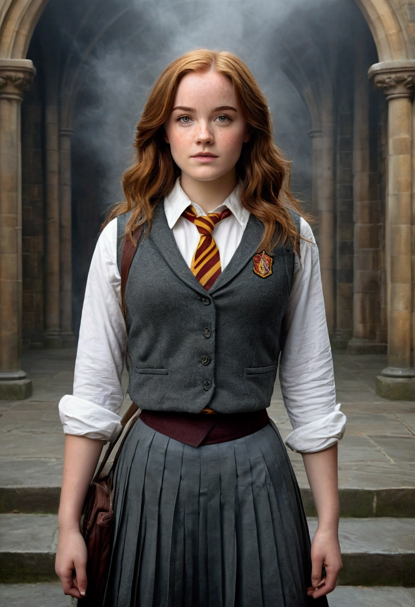 An illustrated movie poster, hand-drawn, full color, a female Hogwarts student, 1, wearing a charcoal vest and a pleated skirt, toned, amazonian stature, athletic hourglass figure, full wide hips, massive round butt, long shapely legs, ridiculously thick powerful thighs, hazel eyes, deep dark auburn hair, long messy waves, flushed sun-kissed complexion, freckles, resembles Genevieve O'Reilly, standing in a foggy Hogwarts courtyard, surrounded by mist, graphite shading, stencil marks, airbrushed acrylic paint, masterpiece, in the Deathly Hallows