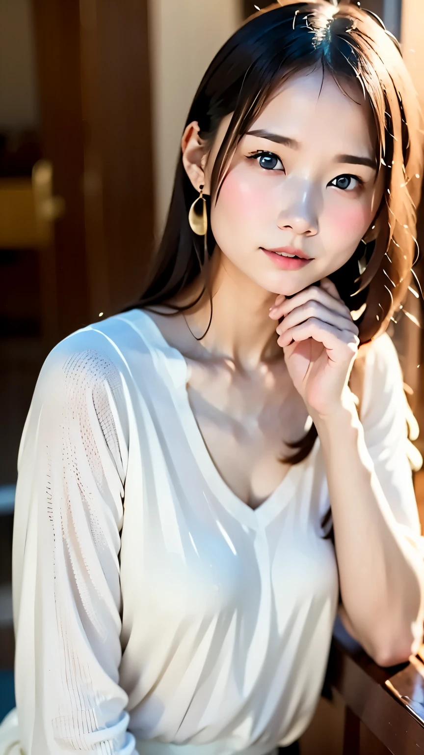 cute, (Ash Blonde Hair, Perfect Face, An ennui look, １４talent、Baby Face、、Upper Body,(blue eyes), (small), (thin)、((small胸)), ((Only 16))、 Skin dentition, Very detailed, Attractive oval face, Red lips, Red cheeks, Glowing Skin, Thin Hair, Face Focus,  Gorgeous hair ornament, Gold earrings, ((1 person)), Embarrassed expression,