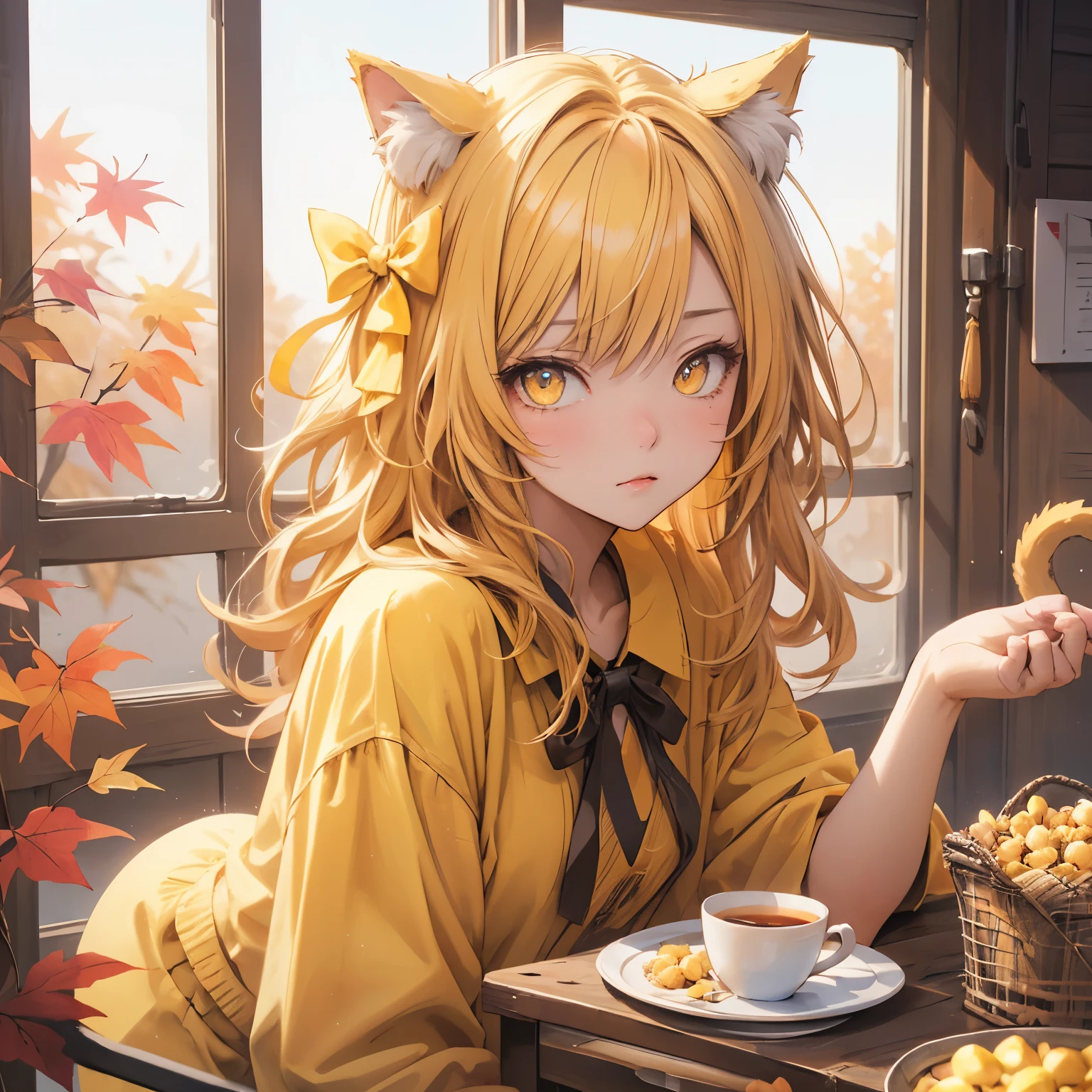 (masterpiece), Highest quality, Ultra-high resolution,Cat ears with yellow ribbon、Yellow Hair、Yellow Eyes、Yellow clothes、cereals、cool、autumn、Tsundere、morning