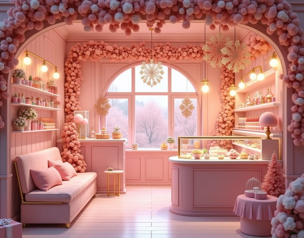 pink and gold christmas decorations and decorations in a pink storefront, brightly lit pink room, with soft pink colors, heaven pink, pink pastel, cute bakery shop, shop front, fantasy bakery, pink studio lighting, festive atmosphere, pastel pink, soft light 4 k in pink, fantasy bakery interior setting, (pink colors), lavishly decorated, holiday season, pink scheme