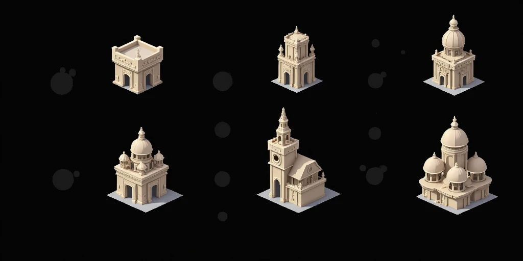 a close up of a bunch of different buildings with a clock on top, detailed buildings, small buildings, Castles and temple details, isometric palace, ancient buildings, prerendered isometric graphics, buildings, game assets, isometric game feature, large temples, Isometric views, temple background, isometric game art, intricately detailed buildings, 3D Renderings