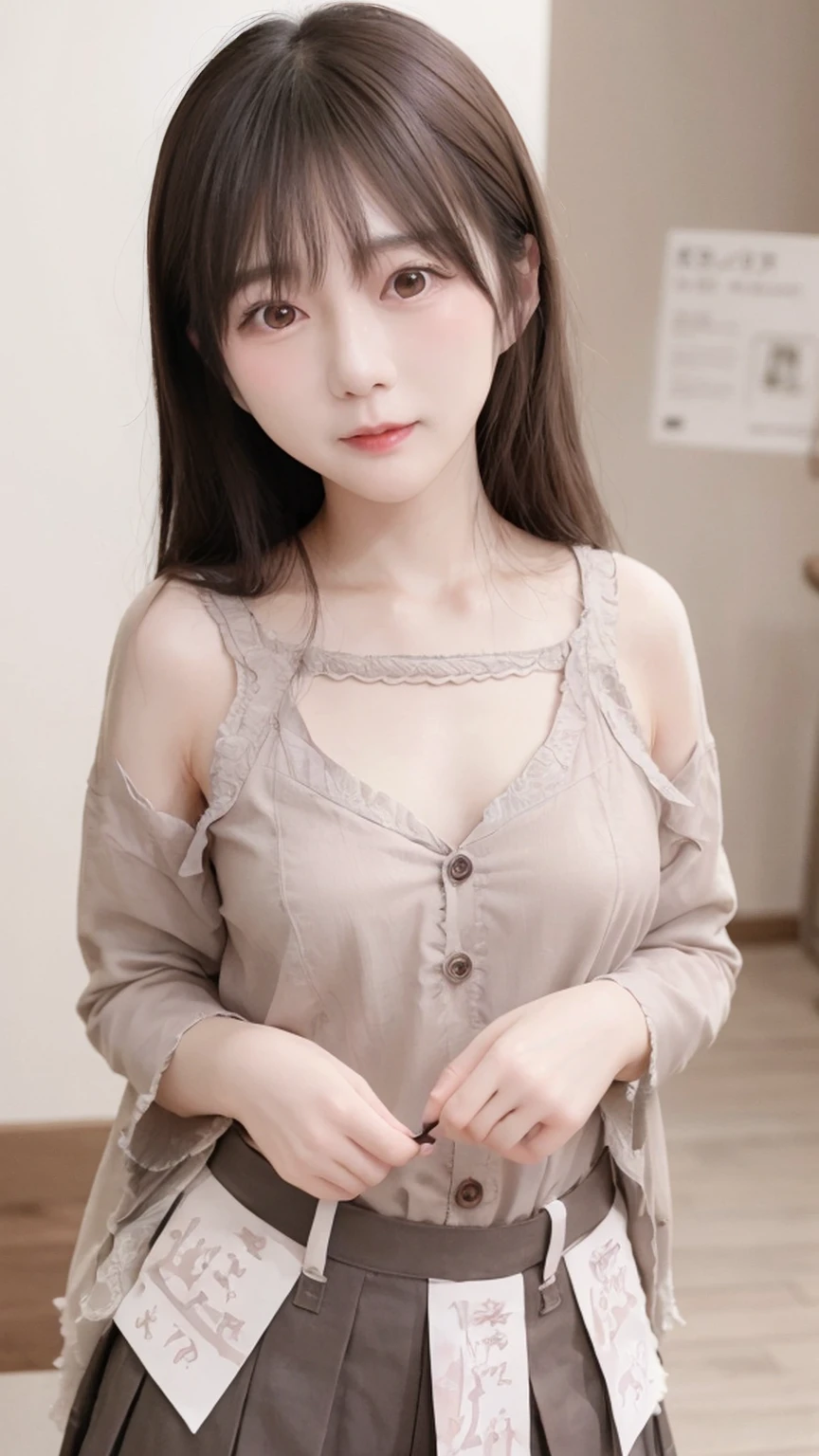 A super cute tsundere girl、Waist size is 21 inches、Expressing romantic feelings with bold gestures、Cute smile and big boobs sign、A cute pleated skirt with an ultra-thin waist、Cute oversized shirt、A secret place out of sight、The highest standard of ultra-high definition full-body photos、(Small face)、No makeup、Sexy lips、Chignon hairstyle、
