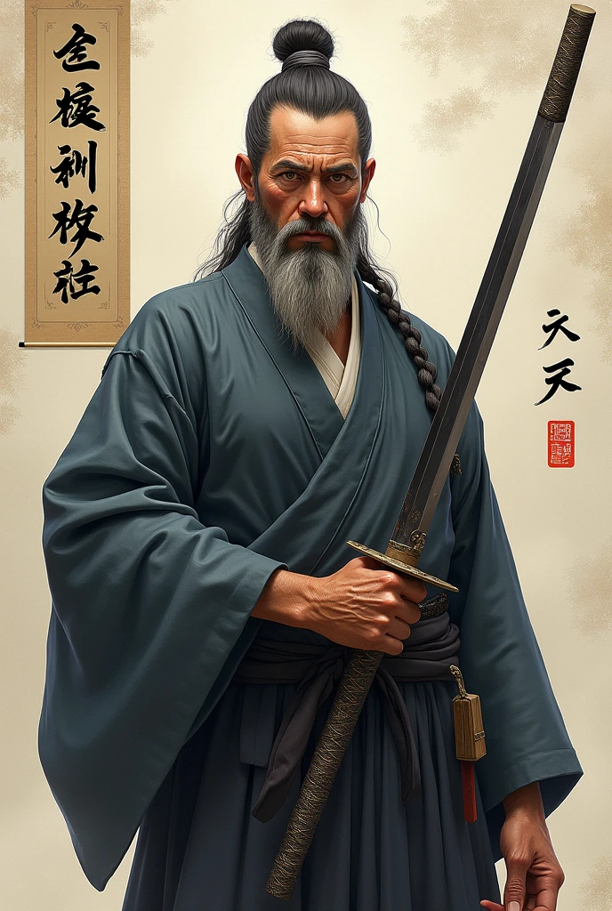historic, elder, warrior,Wounded,Shirtless, Japanese sword, Long white hair, Long white beard，warrior,Grandpa, burst，Kneeling，Ink Painting、Japanese swordを手に持っている、force、strongest