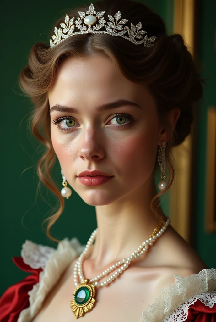 Close up shot , looking at camera , Empire of Austria -Hungary girl, 24 old, (Light brown hair, middle hair , wince, Green eyes, beautiful lip, serious), (Pearl crescent earrings, Pearl and gold neckless, tiara with Dimond ), (big breasts, slender whist, wide hip) ,(Rococo 18the century dress), Green base dress , (Blue Dexter:1.3), decoration medal , in Palace, in Austria, textured skin , HI detailed skin, (foreshortening, Canon, UHD, anatomically correct, super detail, high details, highness,