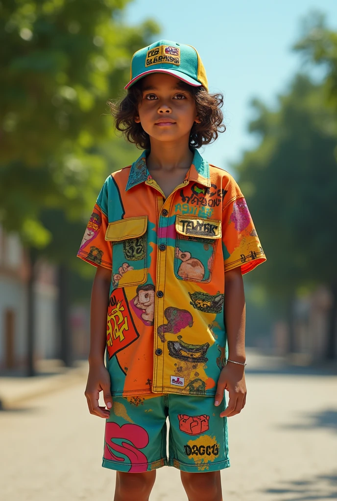 's uniform (cap, shirt and shorts) for a Skate project named "SalvaSkate".
The uniform may have references to favelas and the colors of a well-forested city park. Use models aged between 6 and 