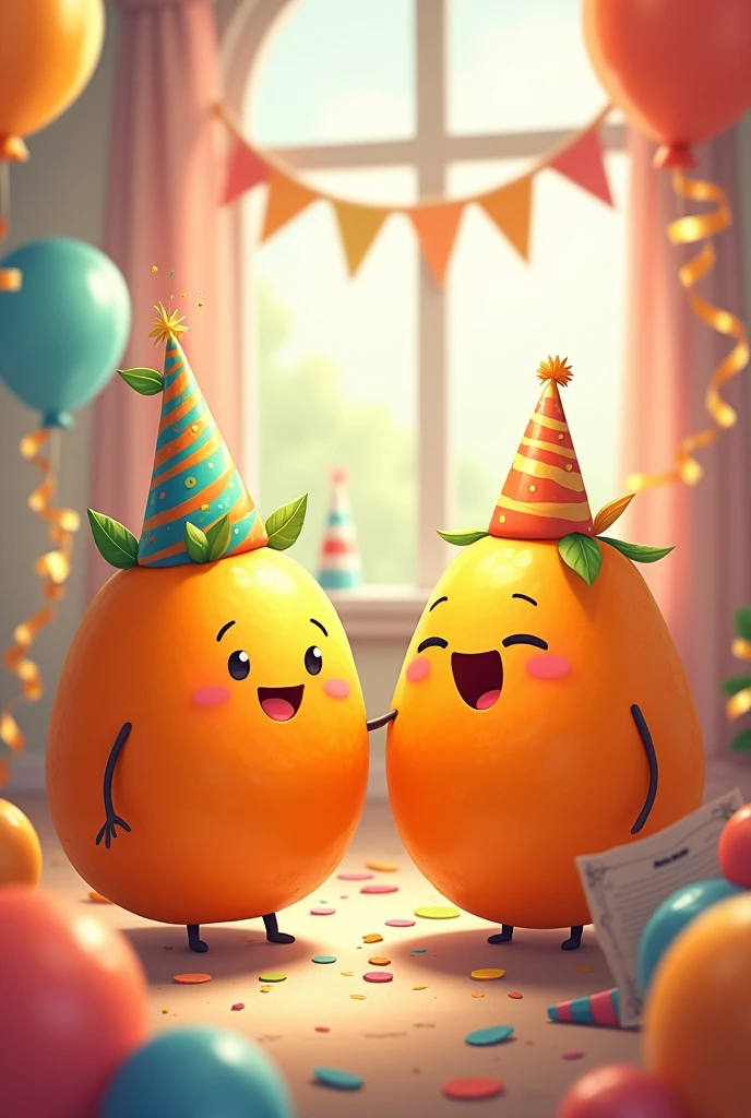 create a picture, where two tangerines are depicted. One of the tangerines has a birthday, and the second tangerine congratulates the first. So that the poster in the room with the balloons still hangs "Happy birthday, Masha🍊" 