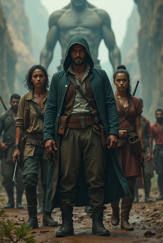 Determined to save Tim( lily's partner) Lily (the archeologist) and Carlos (the local guide) teams up with Dante (the mercenaries' captain, a strang and bad man).  The others mercenaries are seen behind them. A bigger scenario.