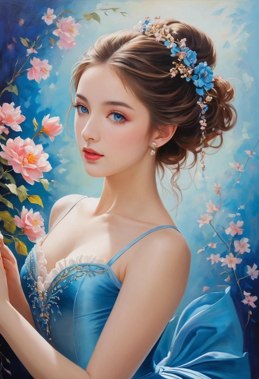 (high resolution,masterpiece:1.2),(Practical:1.37)"(best quality, high resolution, Extremely detailed, Practical),Beautiful portrait of a 19th century French ballerina, (She is of French and Japanese descent., She is a beautiful woman with deep blue eyes and a high nose:1.1), Exquisite ballet costumes, Detailed facial features, Slender and graceful neck, Flowing hair, Elegant posture, Soft and delicate lighting, Oil painting medium, Vibrant colors, Subtle background with floral pattern", Dreamy atmosphere, Surrealism,Mysterious atmosphere