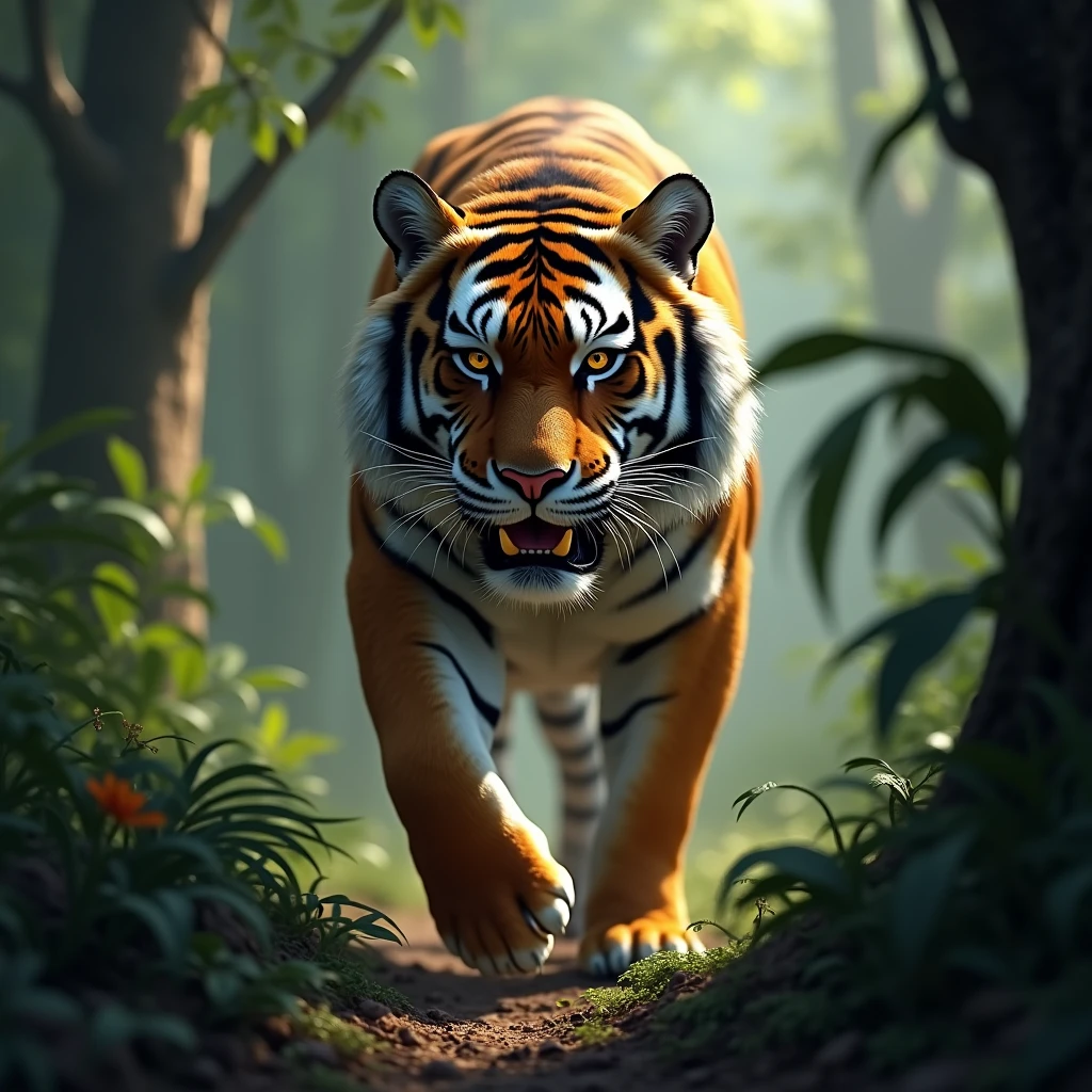 Tiger、King of the Asian Forest。Excellent in quick reaction and stealth.、He's a master of the hunt.。Especially powerful front legs『Nail Cutting』teeth、Can kill enemies with one hit