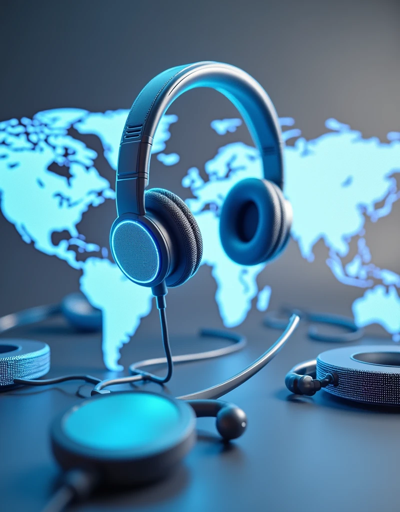(photorealism:1.2), Premier Contact Solutions logo with Headset and a world with Headsets placed below the company name which is Premier Contact Solutions 
