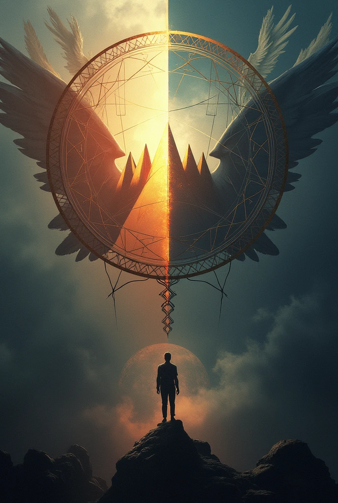 The five-peak stress inside the circle and in the background the angels of heaven and hell