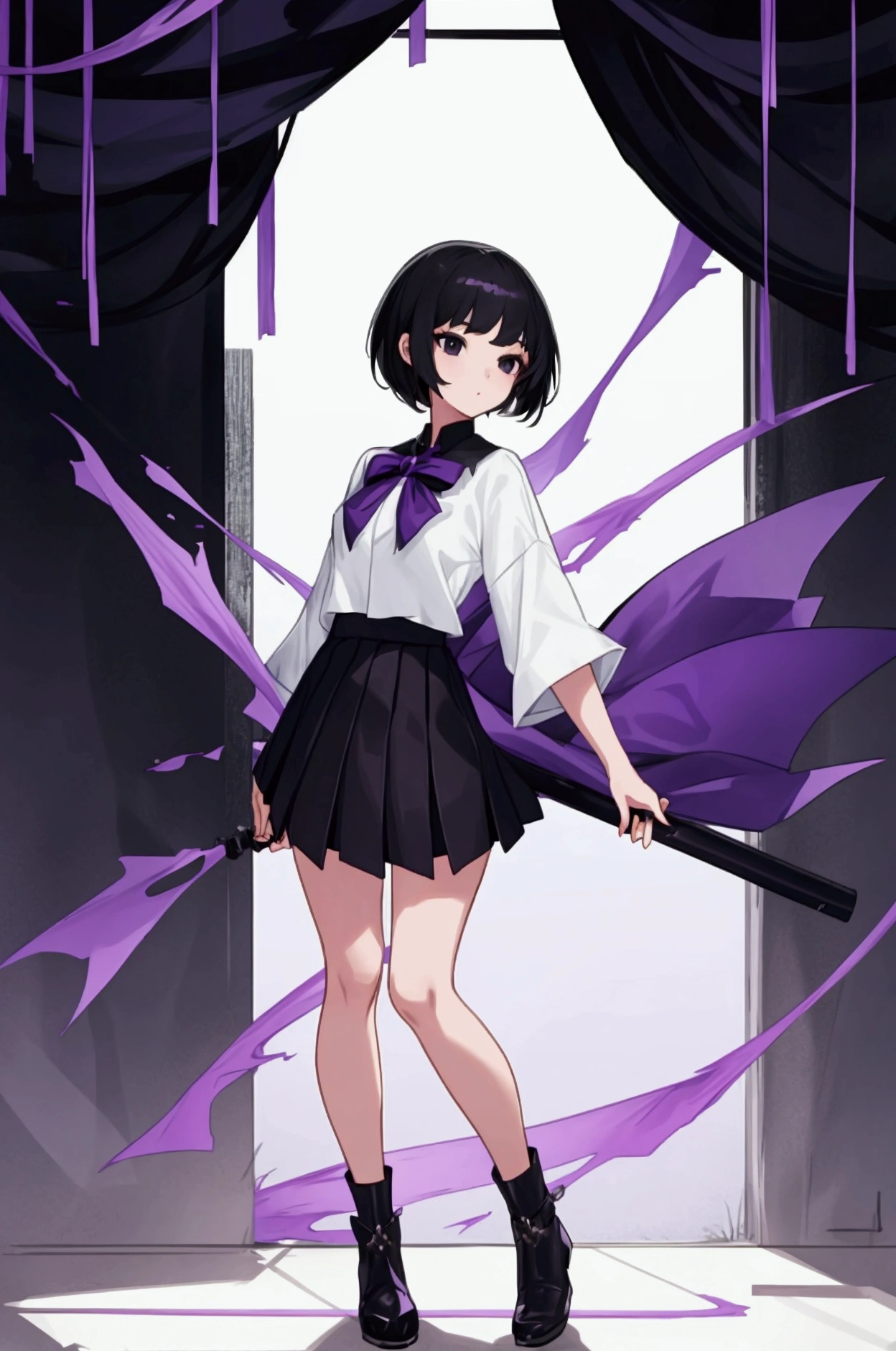 girl,black short hair , black eyes,full body purple skirt