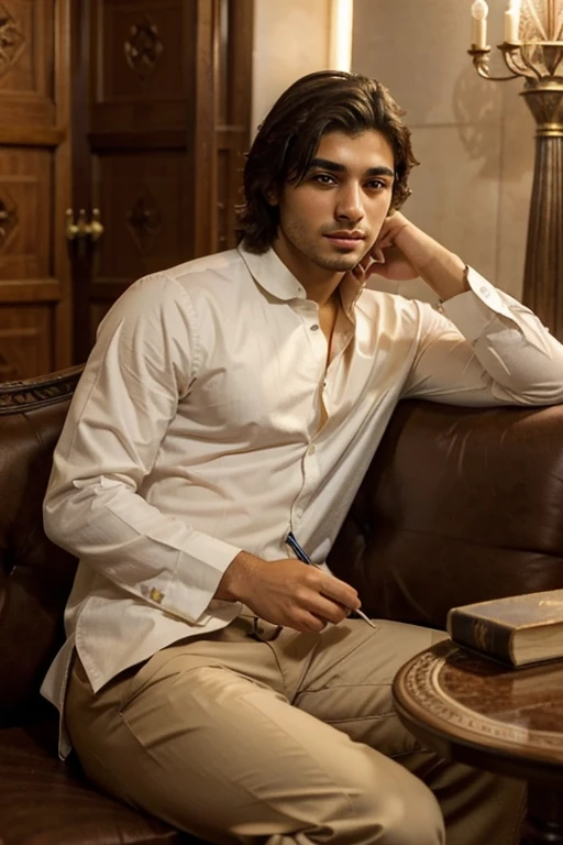 a young and handsome Arab man, the son of an Arab nobleman, is sitting cross-legged writing at a short table, writing poetry, missing his lover, he falls in love with a beautiful Arab woman