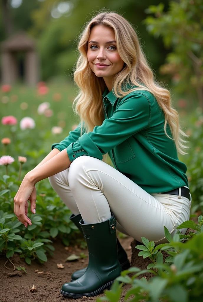 A beautiful 42 year old woman, long blonde hair, green shirt, white hot pants, rubber boots, garden, show the boots, full body shot